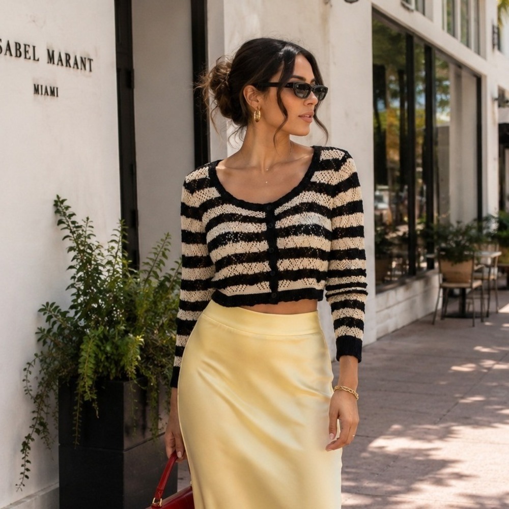 Freshman 1996 Striped Cropped Cardigan Black Tan Pointelle Knit Sweater Small